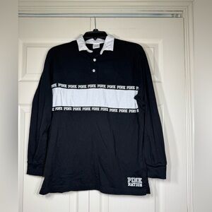 Victoria's Secret PINK Campus Long Sleeve Rugby Tee Polo Shirt Size Small